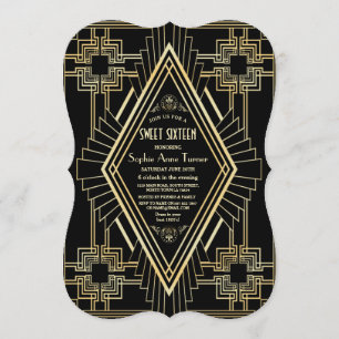 Glam Guld och Black Underbar Gatsby Sweet 16 Inbjudningar