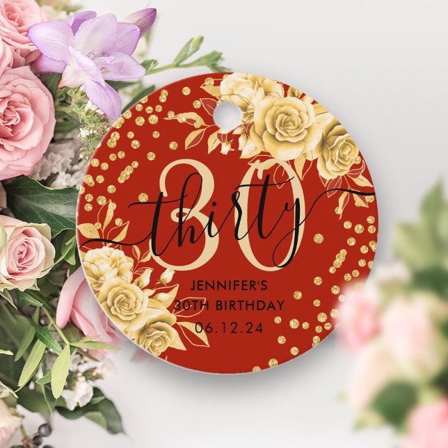 Glam Guld Red Blommigt Glitter 30års födelsedag Gåvor Etiketter (Glam Gold Red Floral Glitter 30th Birthday Script Favor Tags)