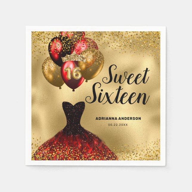 Glam Guld Red Glitter Sweet 16 Pappersservett (Framsidan)