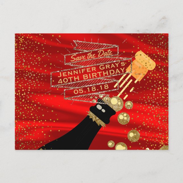Glam Guld Red Save Date Champagne Birthday Meddelande Vykort (Framsida)