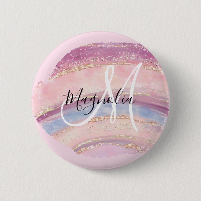 Glam Guld Rosa Blå Ädelsten Penseldrag Monogram Knapp (Framsida)