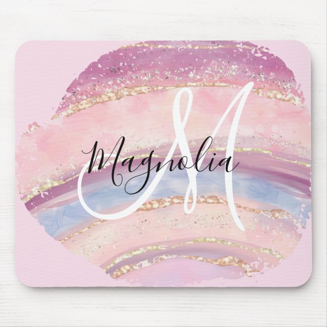 Glam Guld Rosa Blå Ädelsten Penseldrag Monogram Musmatta (Framsidan)