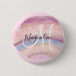 Glam Guld Rosa Blue Gemstone Brush Stroke Monogram Knapp