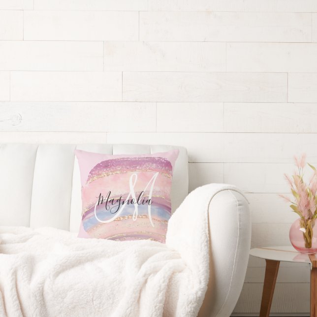 Glam Guld Rosa Blue Gemstone Brush Stroke Monogram Kudde (Soffa)