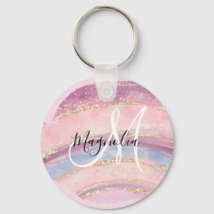 Glam Guld Rosa Blue Gemstone Brush Stroke Monogram Nyckelring