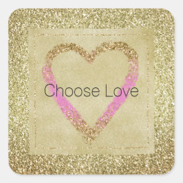 Glam Guld Rosa Glitter Heart Fyrkantigt Klistermärke