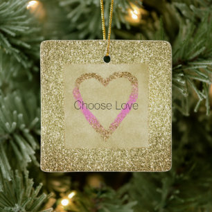 Glam Guld Rosa Glitter Heart Julgransprydnad Keramik