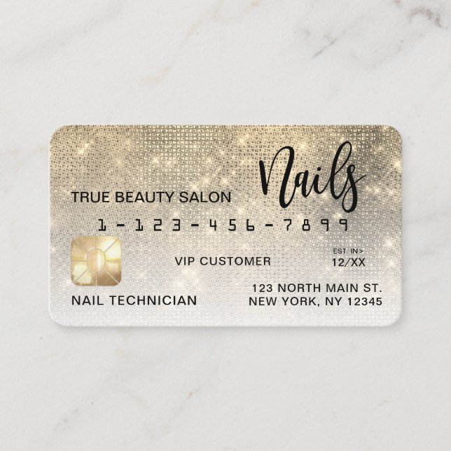 Glam Guld Sequin Glitter Kredit Card Nagel Tech Visitkort (Framsida)