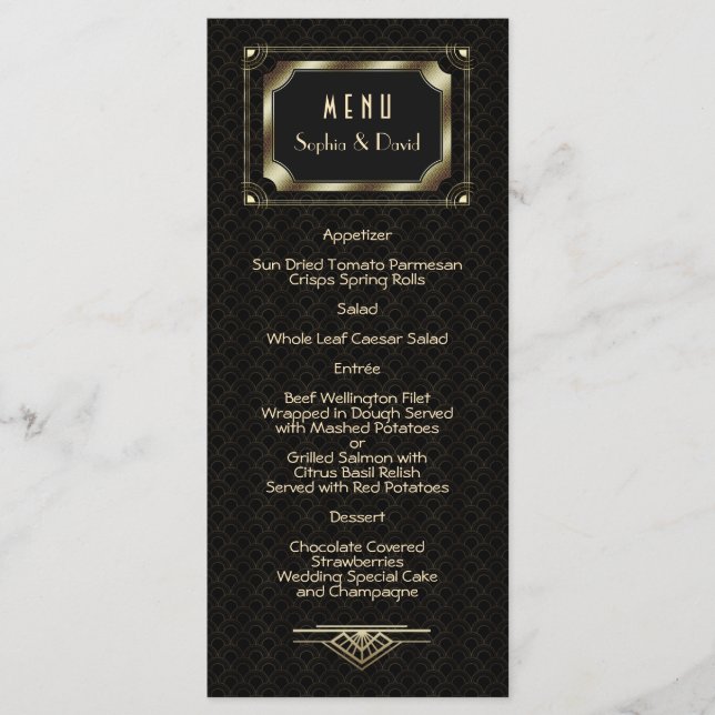 Glam Guld Underbar Gatsby Art Deco 20 s Bröllop Me Meny (Framsida)