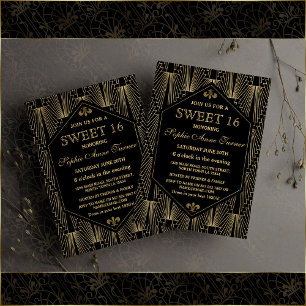 Glam Guld Underbar Gatsby Art Deco Sweet 16 Party Inbjudningar