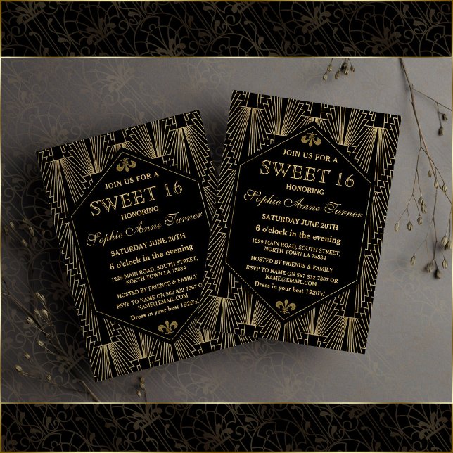 Glam Guld Underbar Gatsby Art Deco Sweet 16 Party Inbjudningar (sweet 16 invitation, great Gatsby sweet 16 invite, trendy gold black sweet sixteen invite)