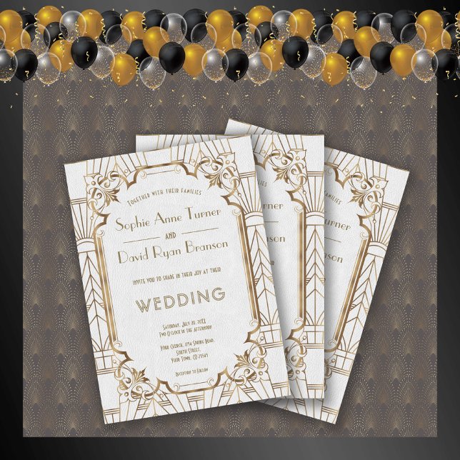 Glam Guld Underbar Gatsby White Art Deco 20 s Bröl Inbjudningar (Skapare uppladdad)