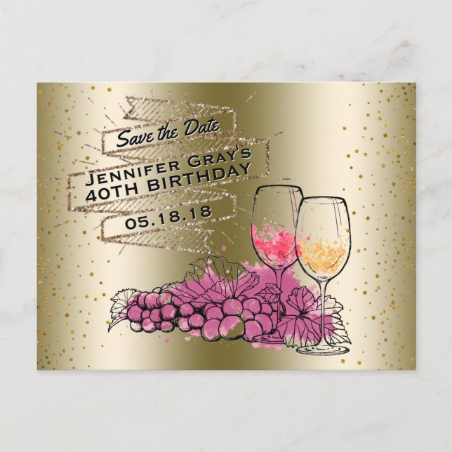 Glam guld- vinspara dateraelegantfödelsedagen meddelande vykort (Framsida)