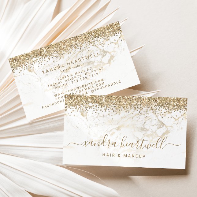 Glam Guld Vit Marmor Glitter Skrift Visitkort (Skapare uppladdad)