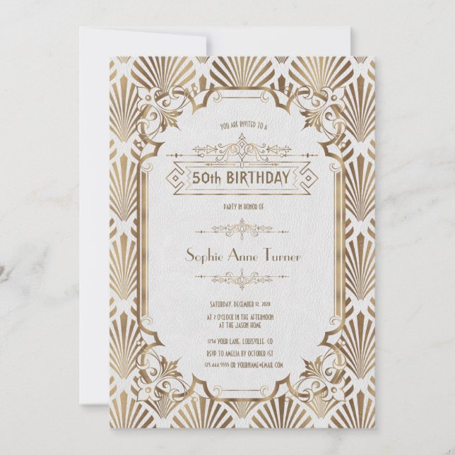 Glam Guld White Art Deco Gatsby 50:e födelsedagen Inbjudningar (Framsida)