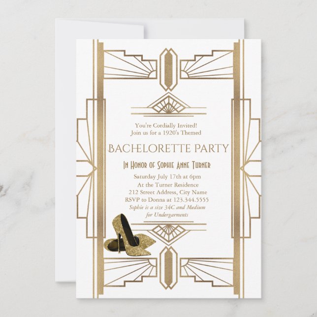 Glam Guld White Underbar Gatsby Bachelorette Party Inbjudningar (Framsida)