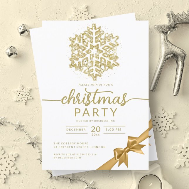 Glam Guld Winter Glitter Snowflake Company Julafto Inbjudningar (Glam Gold Winter Glitter Snowflake Company Xmas Invitation)