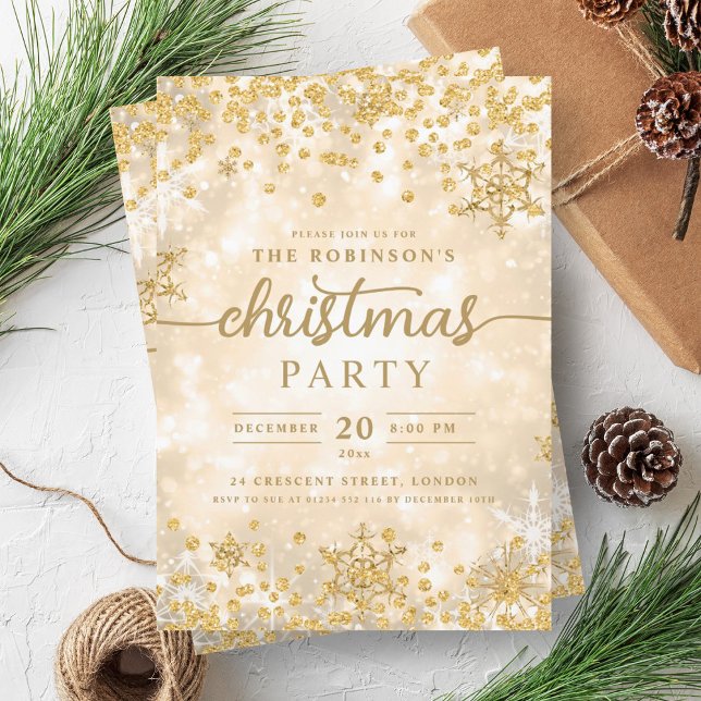 Glam Guld Winter Snö Diamonds jul Inbjudningar (Glam Gold Winter Snow Diamonds Christmas Invitation)
