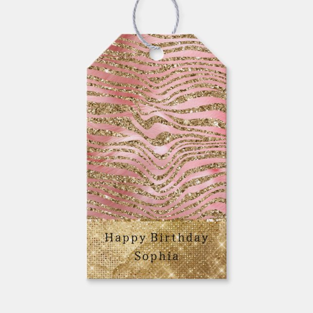 Glam Guld Zebra Glitter Rosa Päls Presentetikett (Framsidan)