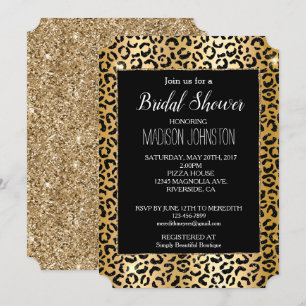 Glam Gult Guld Black Glitter Leopard Inbjudningar