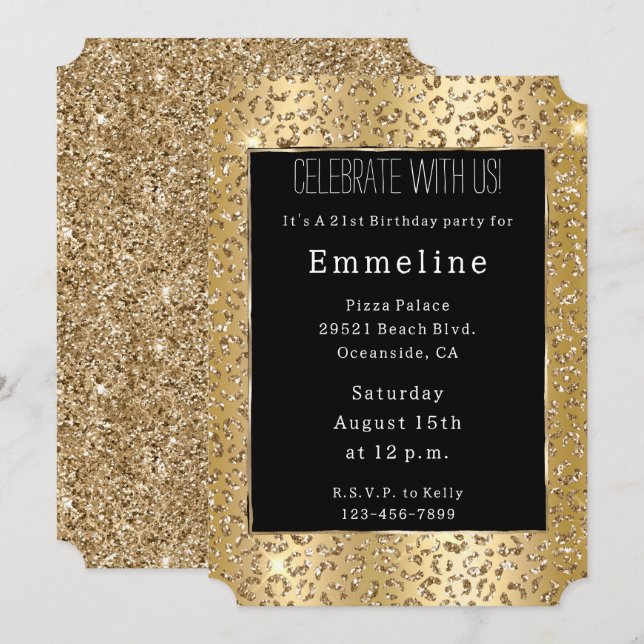 Glam Gult Guld Glitter Leopard Inbjudningar (Fram/baksida)