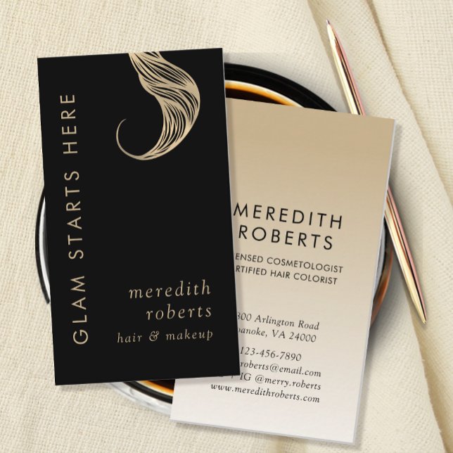 Glam Hair och Makeup Golden Blonde Hair Curl Visitkort (Glam Starts Here Hair and Makeup Blonde Hair Curl Business Card)
