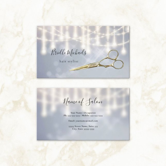 Glam Hairstylist Guld Shears Silver Twinkle Bokeh Visitkort (Glam Hairstylist Gold Shears Silver Twinkle Bokeh Business Cards)