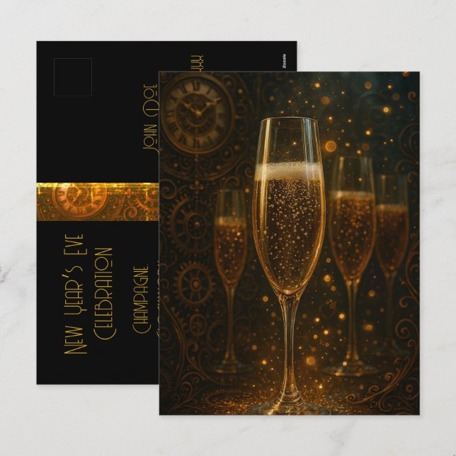 Glam Happy New Year Steampunk Champagne  Helg Vykort (Fram/baksida)
