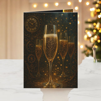 Glam Happy New Year Steampunk Champagne Helgkort