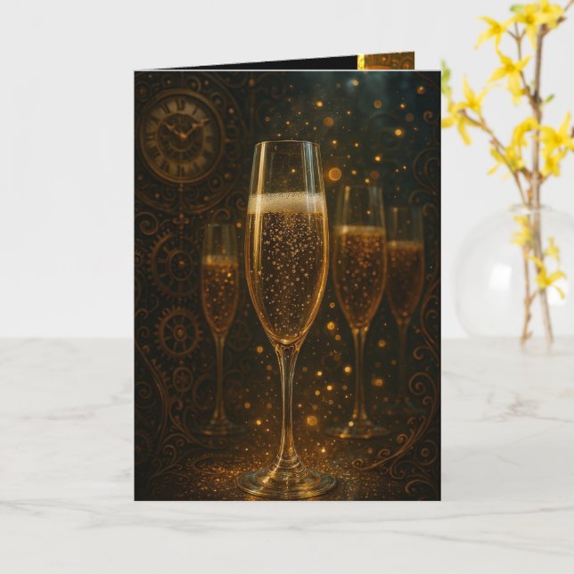 Glam Happy New Year Steampunk Champagne  Kort (Gul blomma)