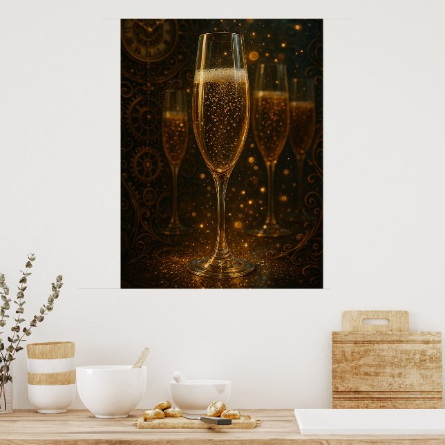 Glam Happy New Year Steampunk Champagne  Poster (Kök)