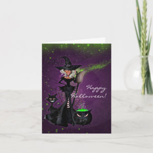 Glam häxa för halloween fest i svartgröntlilor kort