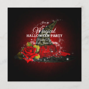 Glam Häxa Hatt Lacy Svart & Röd Glitter Party Inbjudningar