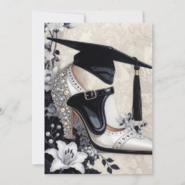 Glam Heel Elegant Black White Graduation Announcem Inbjudningar