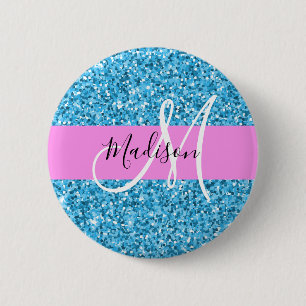 Glam Himlar Blue Rosa Glitter Sparkles Namn Monogr Knapp