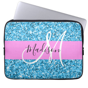 Glam Himlar Blue Rosa Glitter Sparkles Namn Monogr Laptop Fodral