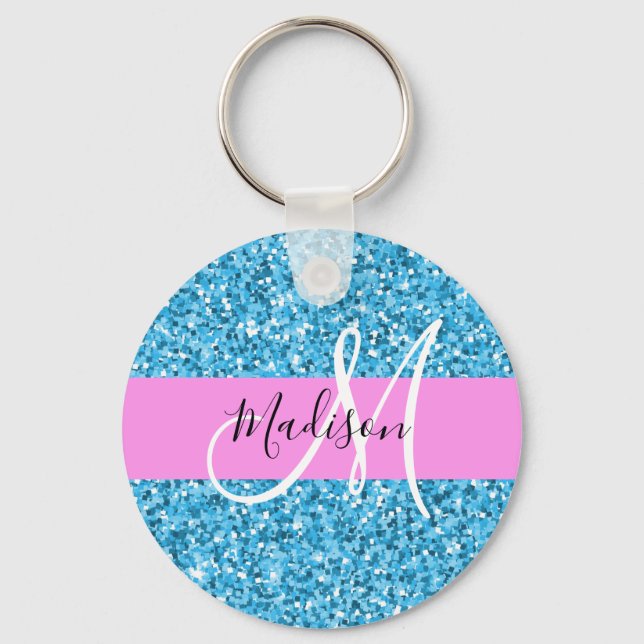 Glam Himlar Blue Rosa Glitter Sparkles Namn Monogr Nyckelring (Framsida)
