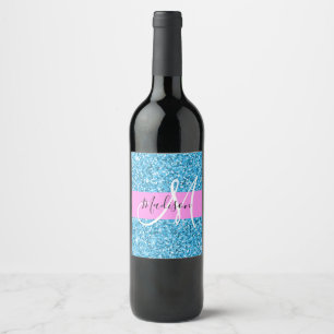 Glam Himlar Blue Rosa Glitter Sparkles Namn Monogr Vinflaska Etikett
