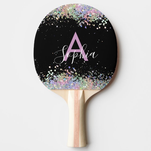 Glam Holografisk Glitter Monogram Skrift Svart  Pingisracket (Framsidan)