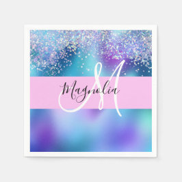 Glam Holografisk Siren Glitter Glans Monogram Pappersservett