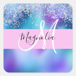 Glam Holografisk Siren Glitter Gnista Monogram Fyrkantigt Klistermärke
