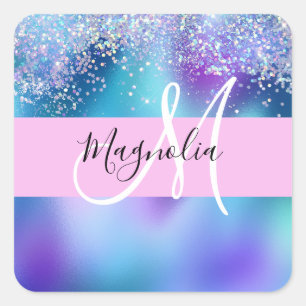 Glam Holografisk Siren Glitter Gnista Monogram Fyrkantigt Klistermärke