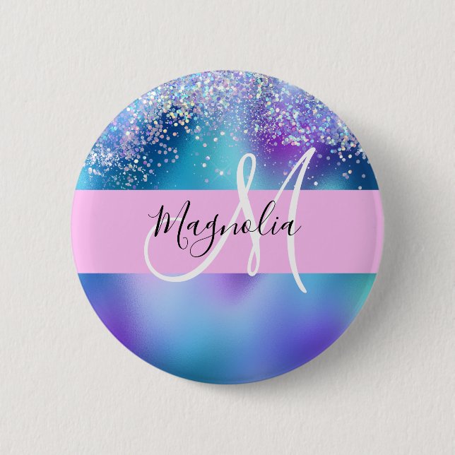 Glam Holografisk Siren Glitter Gnista Monogram Knapp (Framsida)
