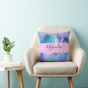 Glam Holografisk Siren Glitter Gnista Monogram Kudde