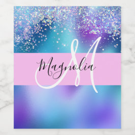 Glam Holografisk Siren Glitter Gnista Monogram Vinflaska Etikett
