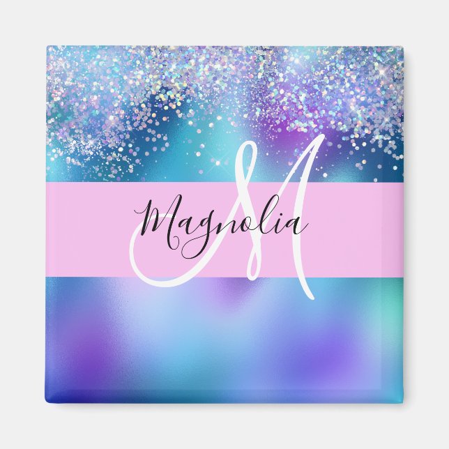 Glam Holografisk Siren Glitter Gnistra Monogram Magnet (Framsidan)