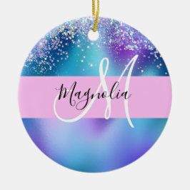 Glam Holografisk Siren Glitter Gnistrande Monogram Julgransprydnad Keramik
