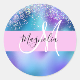 Glam Holografisk Siren Glitter Gnistrande Monogram Runt Klistermärke