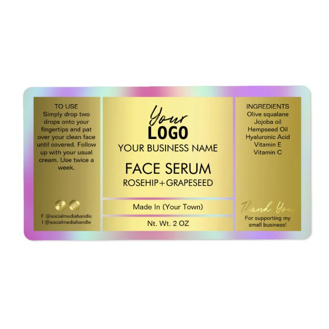 Glam HoloGraph och Guld-oljeserumetikett Fraktsedel (Framsidan)