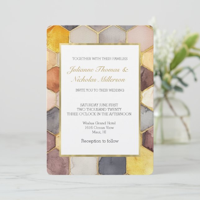Glam Honey Comb Blush Champagne Abstract Wedding Inbjudningar (Stående Fram)